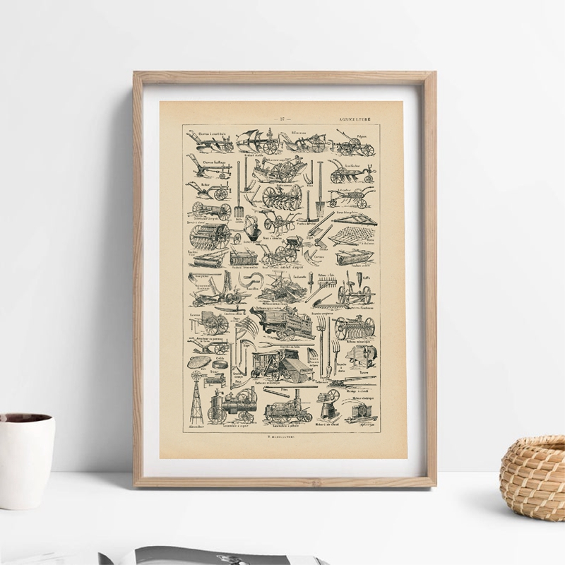 Agriculture Farming Poster - Farming Equipment Agricultural Tools Antique Print